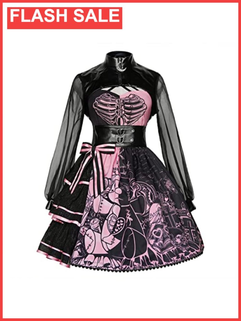Gothic Lolita Suspender Skirt Set with Mesh Long Sleeve Dress and Belt